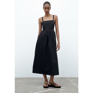 Black Zara cotton midi dress with pockets! Open back w/ straps to tie into a bow